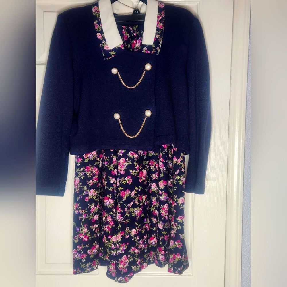 Floral Dress with Navy Pearl-Chain Blazer